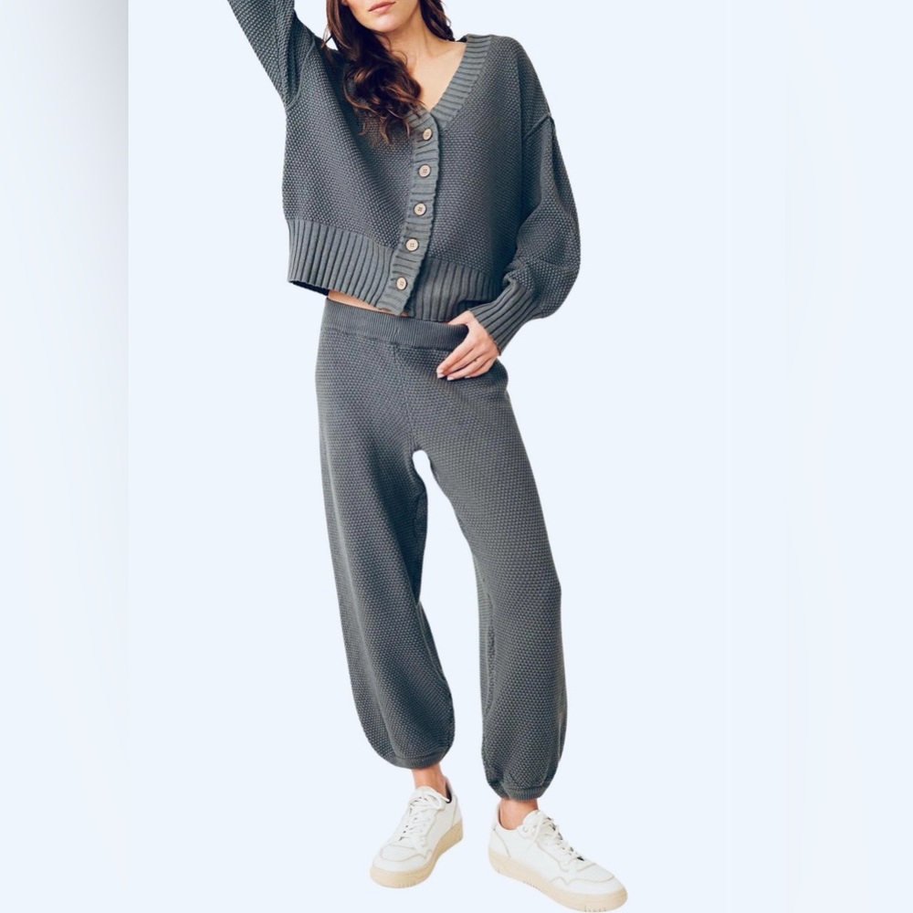 Free People Hailee Waffle Stitch Cardigan & Jogger Set – Charcoal Grey